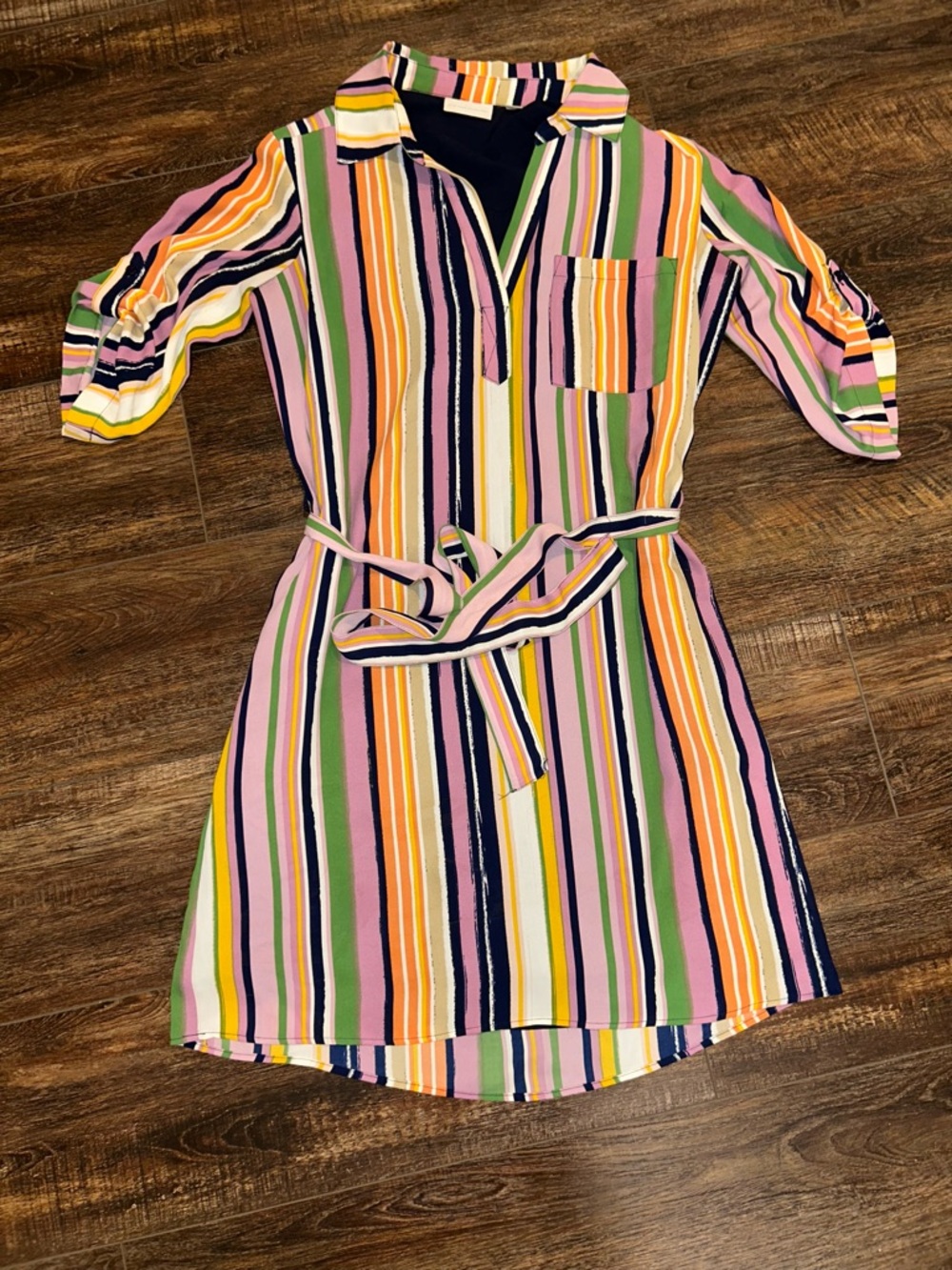 New York & Company Multicolor Striped Shirt Dress in Pink, Green & Yellow